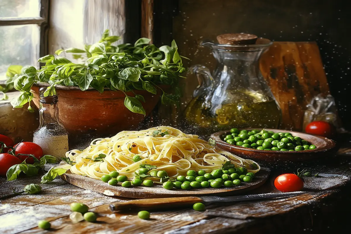 Bowl of pasta and peas garnished with parsley and Parmesan in a rustic Italian setting.