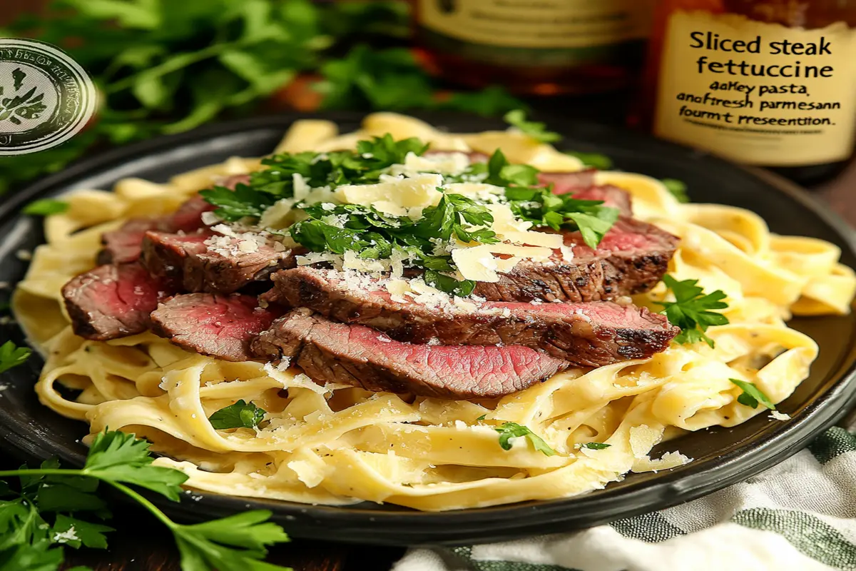 "Steak pasta with creamy Alfredo sauce and fresh garnishes."