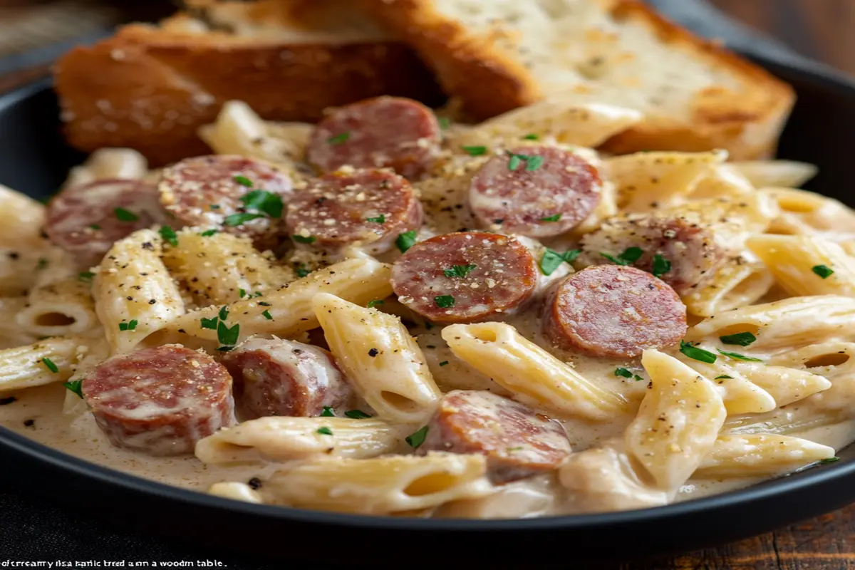 "Creamy Kielbasa and Pasta Recipe with Garlic Bread"