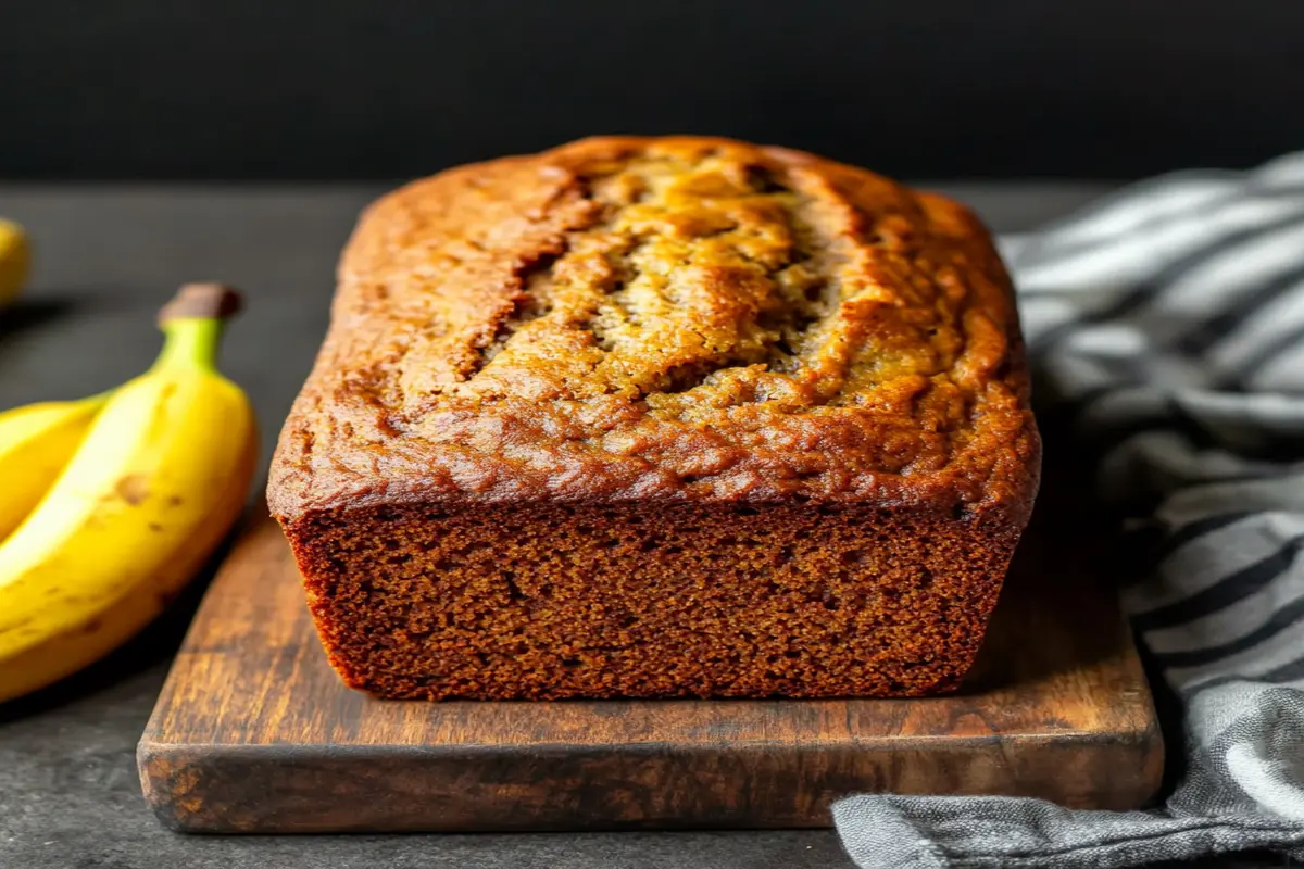 Moist banana bread recipe with oil, sliced on a wooden cutting board."