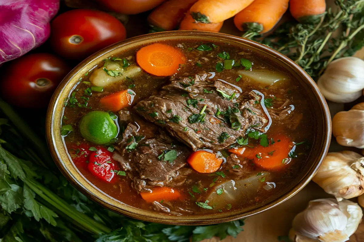 Bowl of steaming beef bouillon with fresh vegetables.