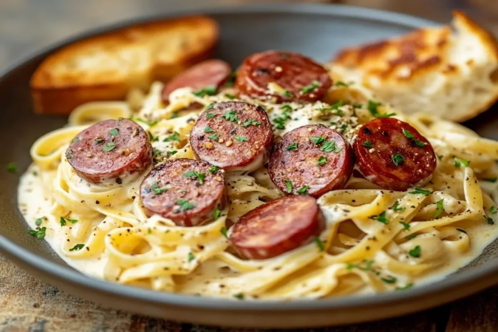 "Creamy Kielbasa and Pasta Recipe with Garlic Bread"