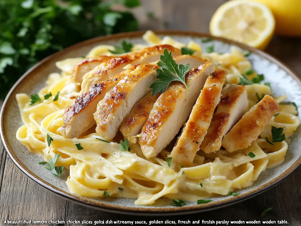 Lemon chicken pasta garnished with parsley