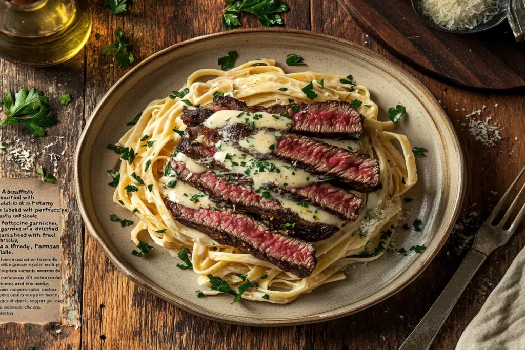 "Steak pasta with creamy Alfredo sauce and fresh garnishes."