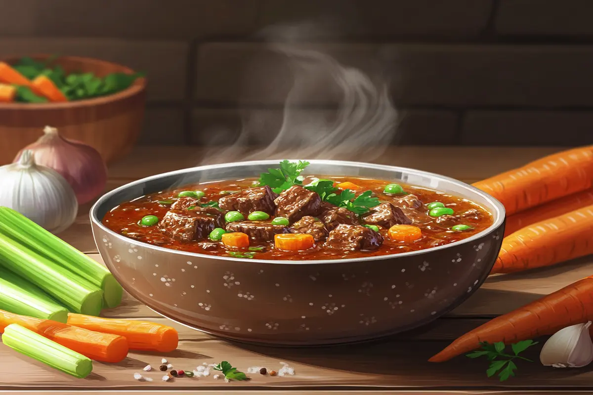 Bowl of steaming beef bouillon with fresh vegetables.