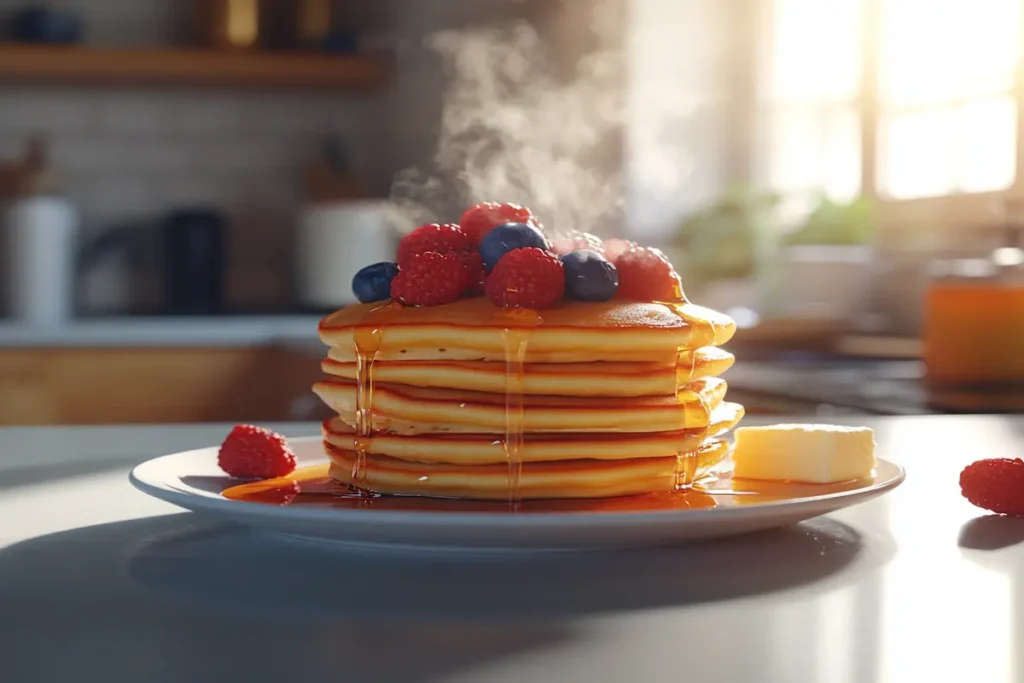 A stack of fluffy mini pancakes topped with syrup and fresh berries.