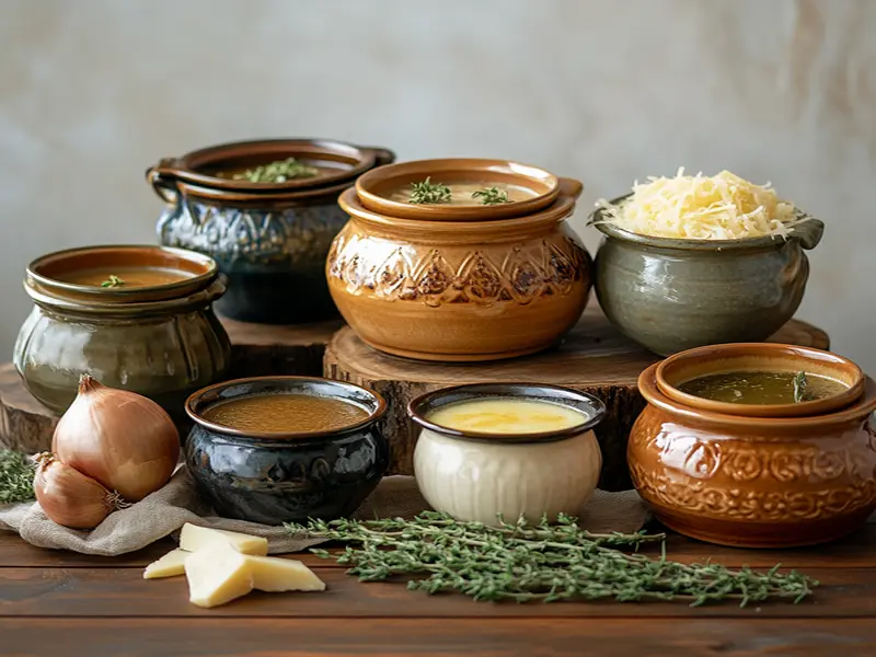  French onion soup crocks in various styles and materials