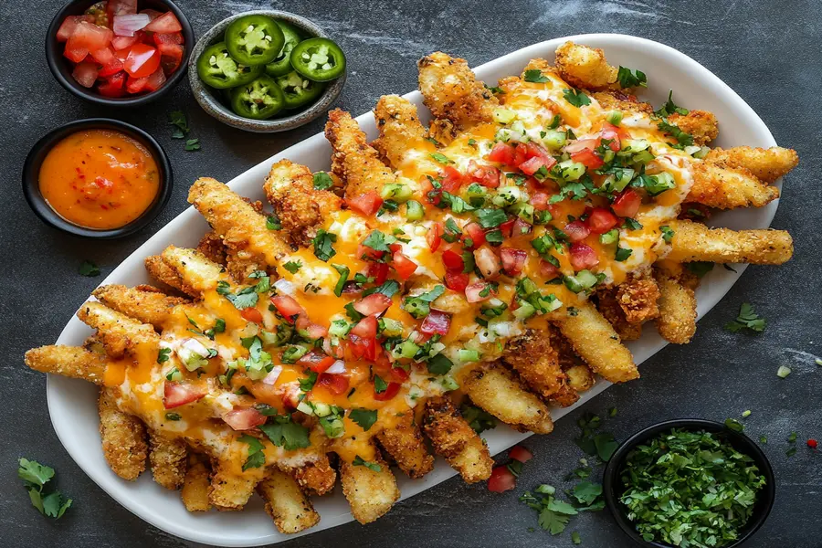 Loaded chicken fries platter with cheese and toppings