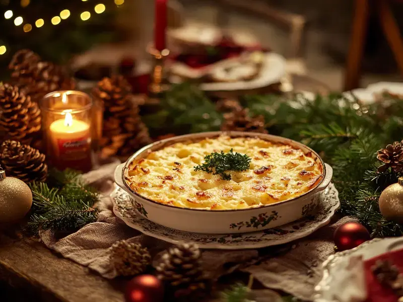 Potato gratin made with Campbell’s Cheddar Cheese Soup on a holiday table.