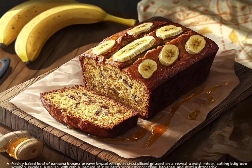 Moist banana bread recipe with oil, sliced on a wooden cutting board."