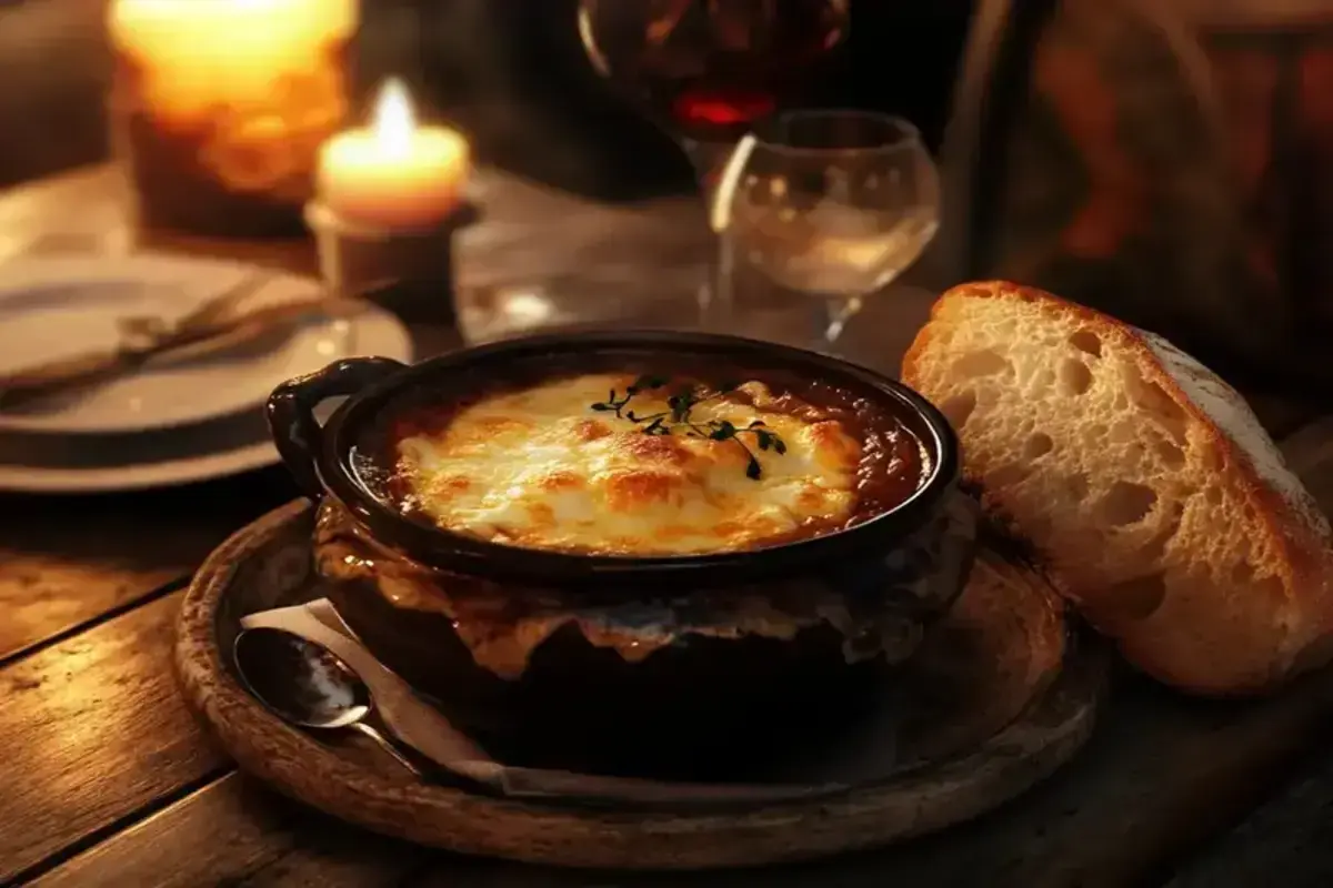 Rustic French onion soup crock filled with soup and melted cheese.