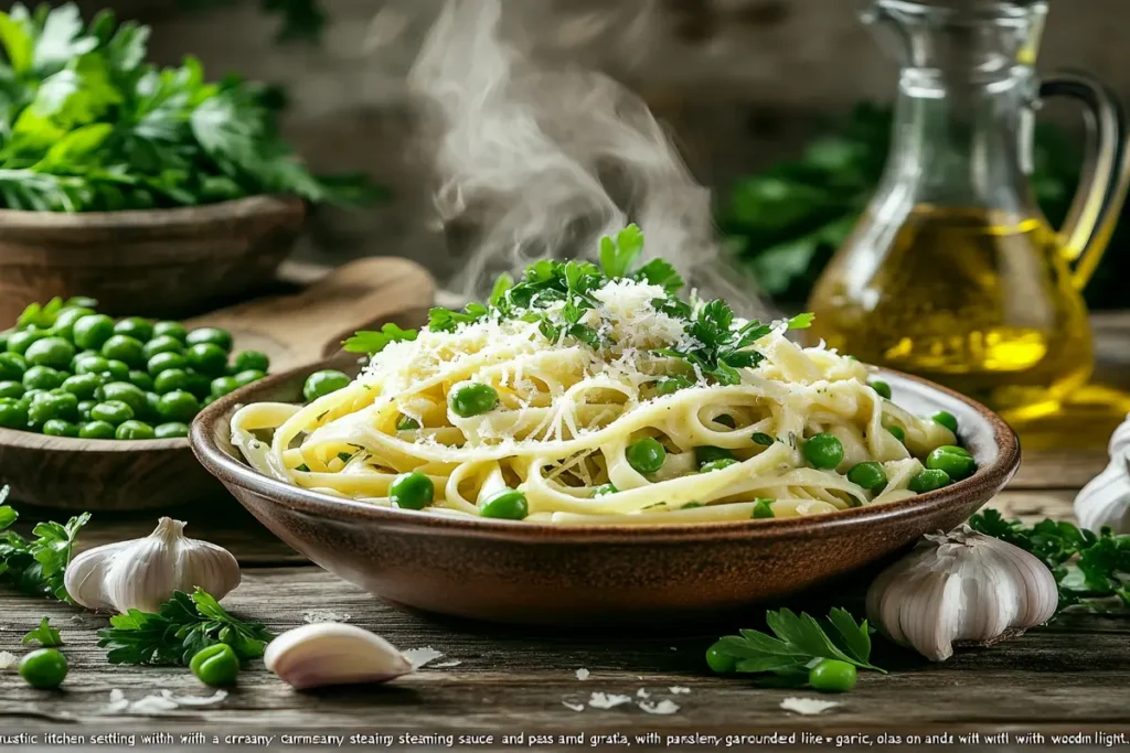 Bowl of pasta and peas garnished with parsley and Parmesan in a rustic Italian setting.