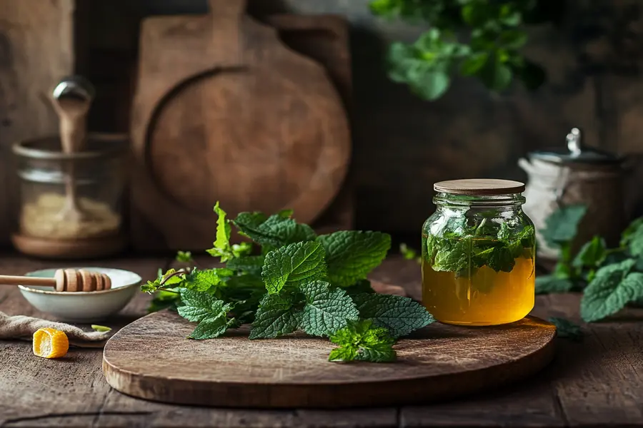 Lemon balm sorbet garnished with fresh leaves