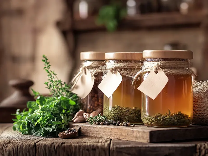 ars of homemade beef bouillon on a wooden counter.