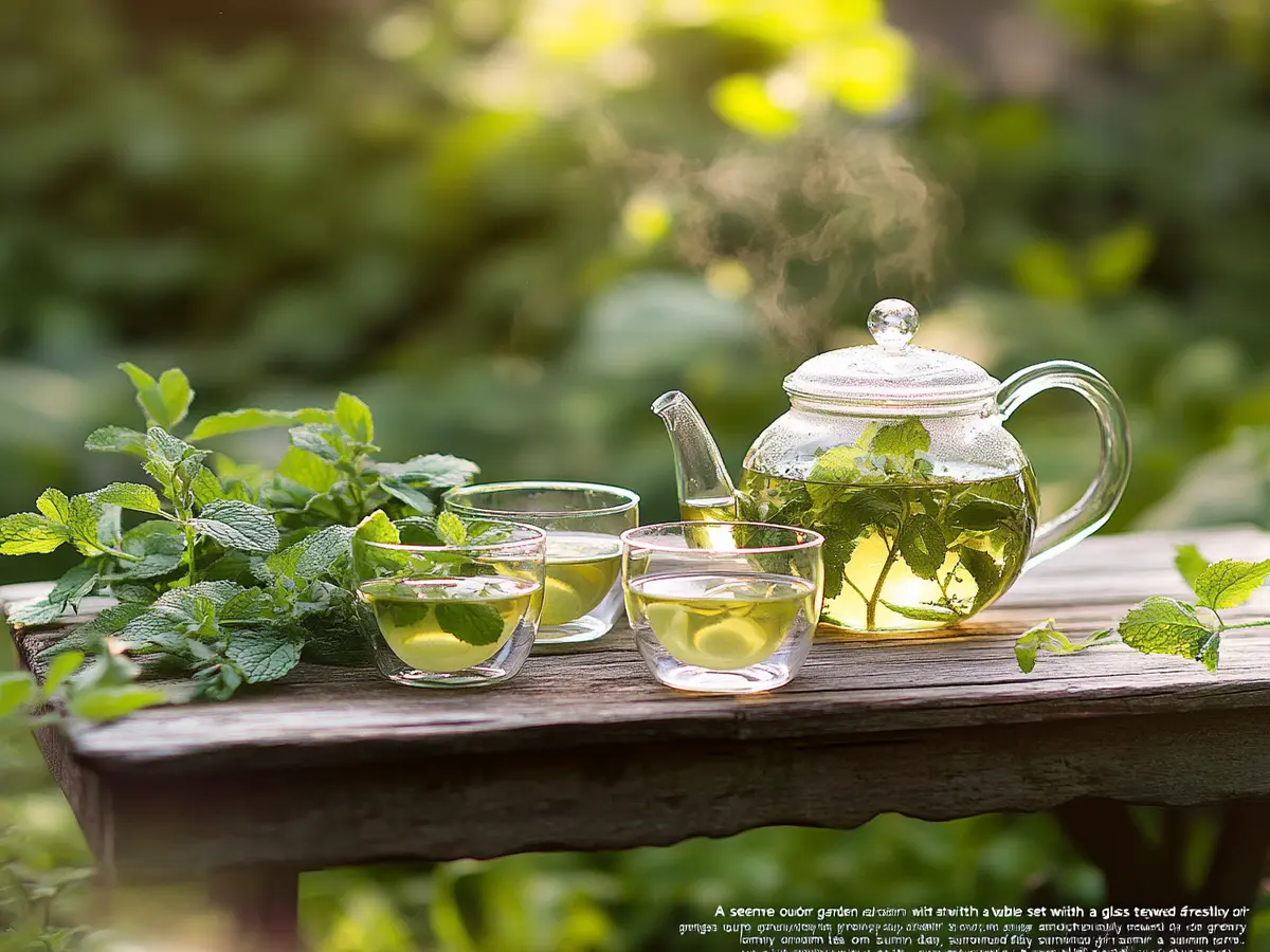 Fresh lemon balm tea in a sunny garden setting