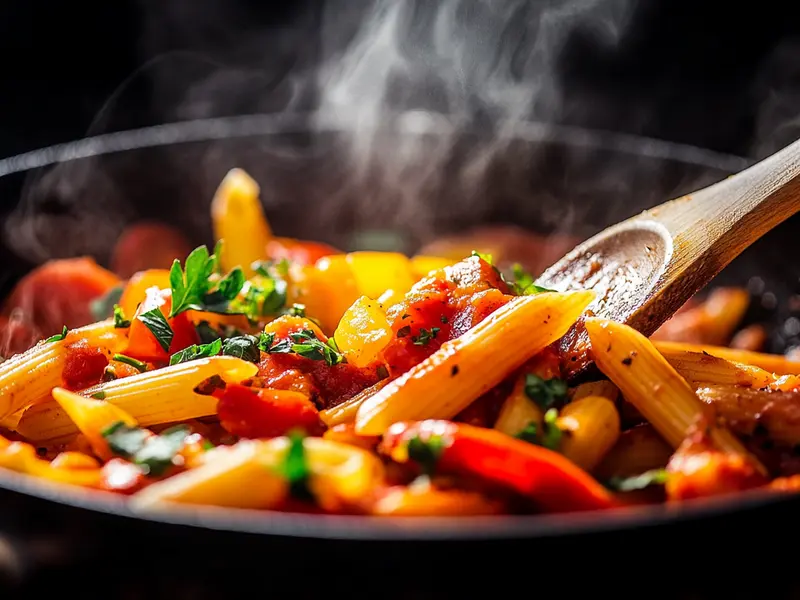 Spicy Kielbasa and Penne Pasta in a Skillet