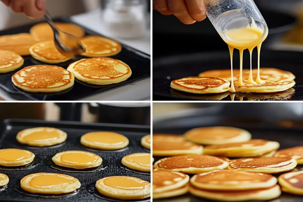 "Step-by-step process of making small circular pancakes on a griddle."