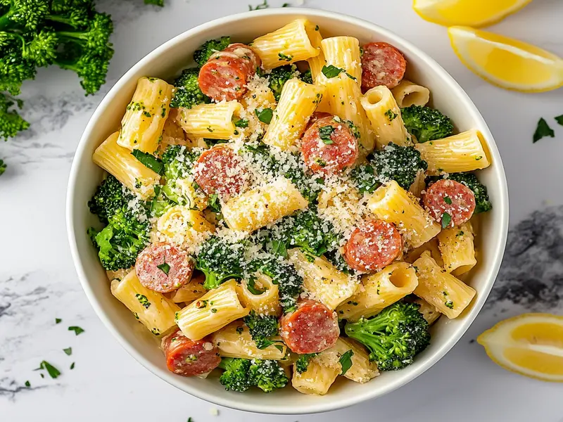 Kielbasa and Broccoli Rigatoni with Garlic Butter Sauce"