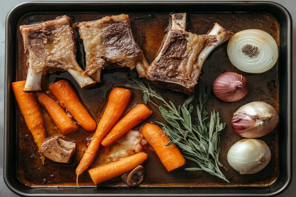 Roasted beef bones and vegetables on a baking sheet.
