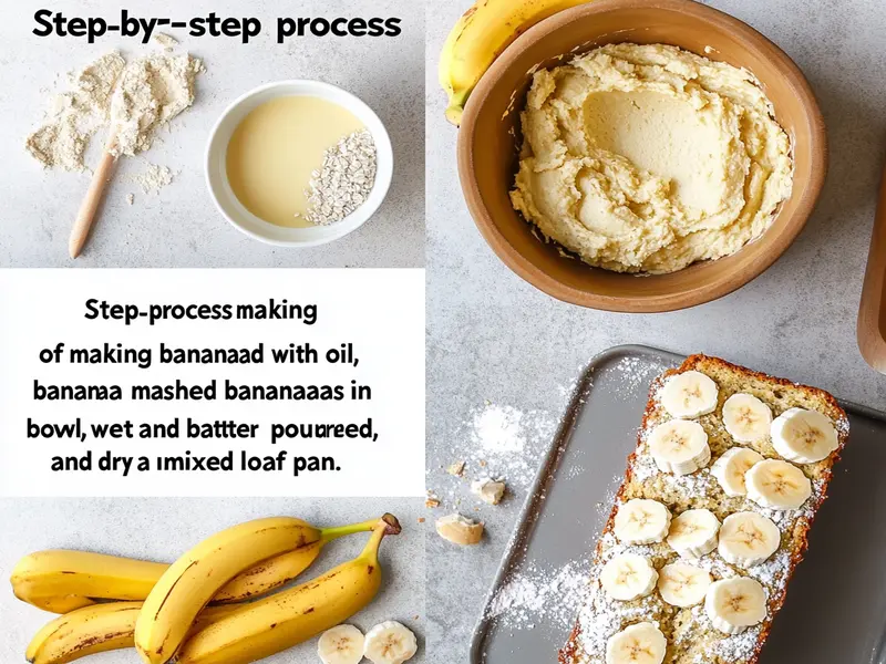 "Process of preparing banana bread batter with oil, step by step."