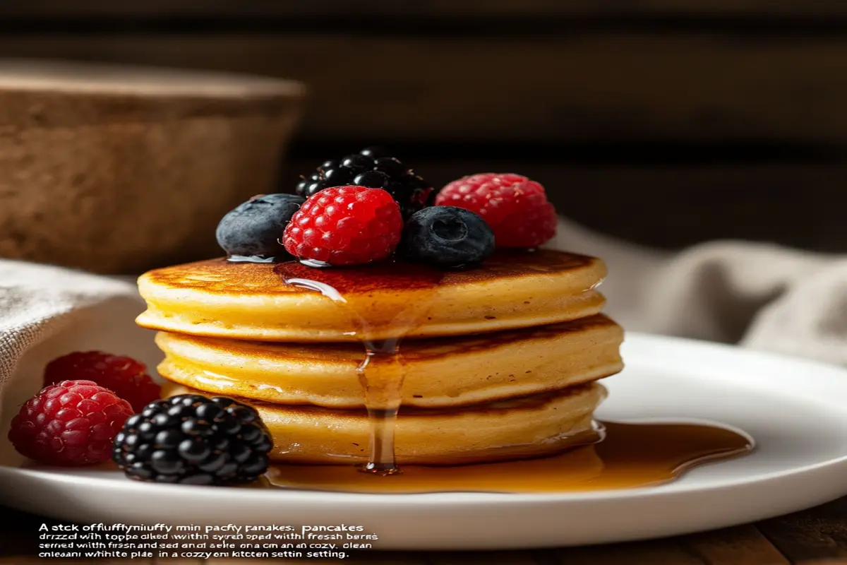 A stack of fluffy mini pancakes topped with syrup and fresh berries.