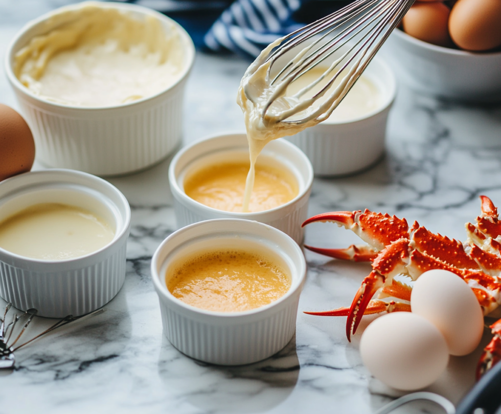 Pouring custard into ramekins for crab brûlée"