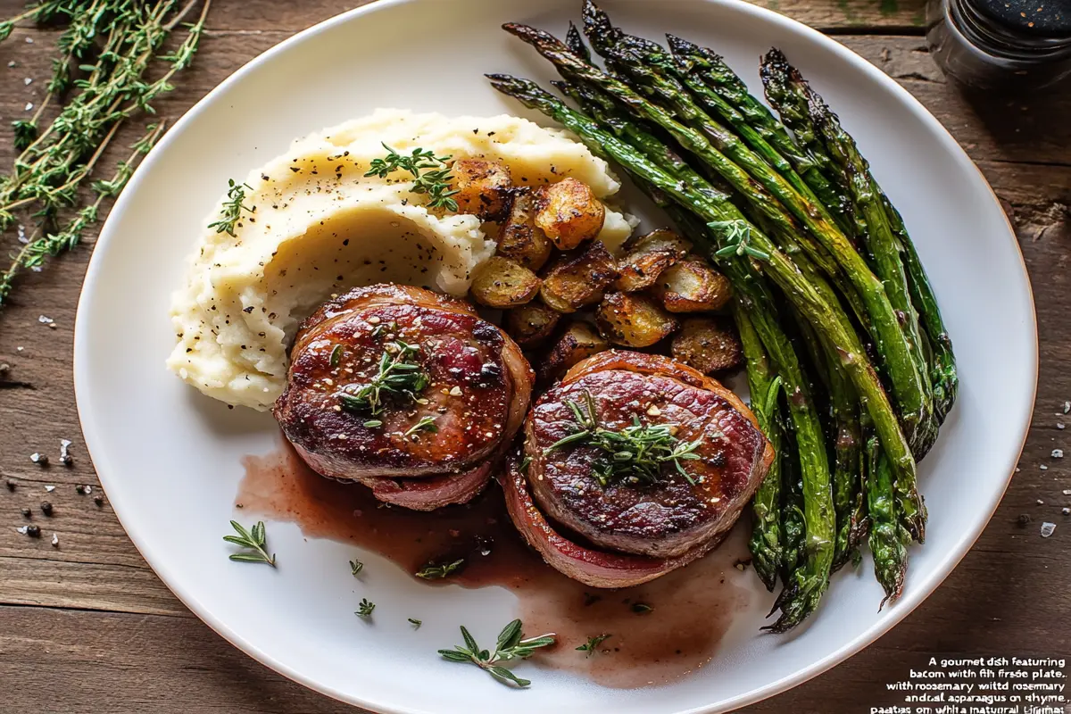 Bacon-wrapped filet mignons plated with asparagus and mashed potatoes