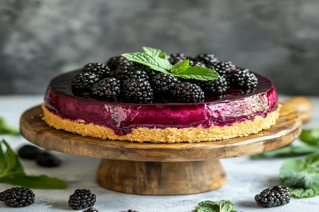 Whole blackberry cheesecake with fresh topping