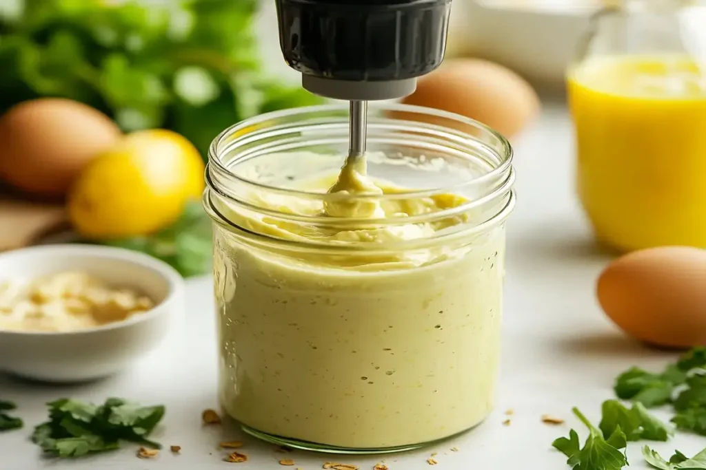 Avocado oil mayo being blended with an immersion blender."