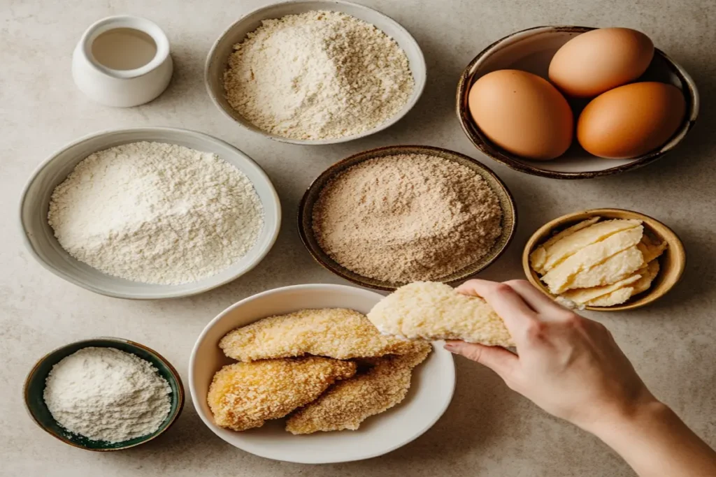 Step-by-step breading process for baked chicken cutlets.
