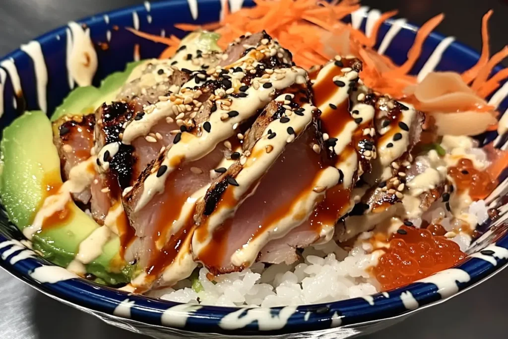 Sushi rice bowl with grilled tuna, avocado, and sesame seeds