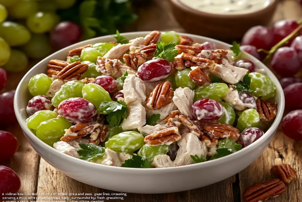 Bowl of Chicken Salad Chick grape salad with grapes and pecans