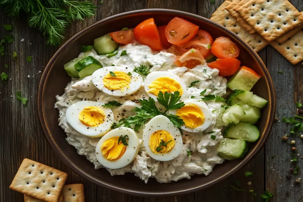 A creamy chicken salad with eggs garnished with fresh parsley and dill