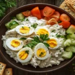 A creamy chicken salad with eggs garnished with fresh parsley and dill