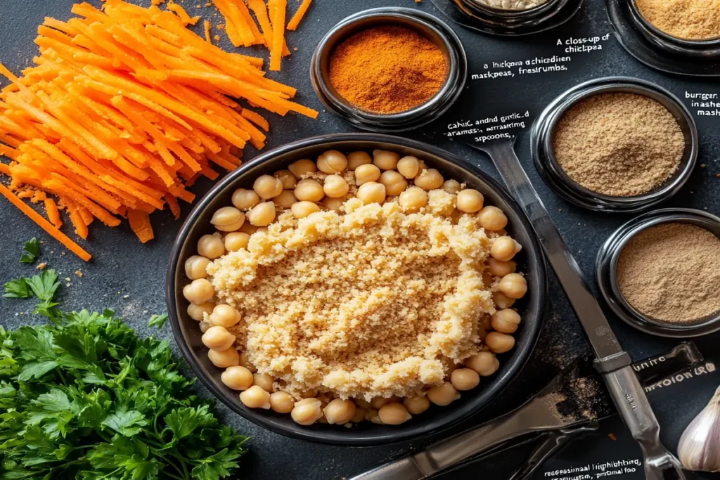 Ingredients for chickpea burger recipe on a kitchen counter