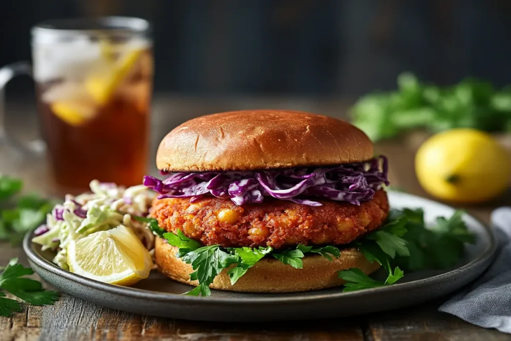 Chickpea burger with coleslaw and iced tea