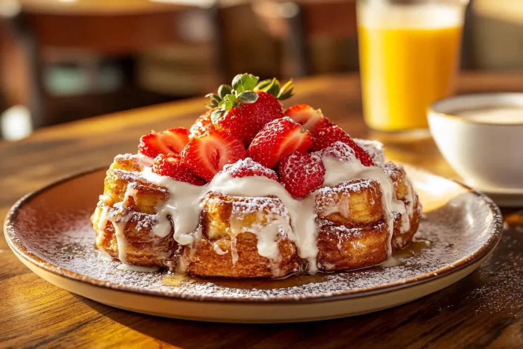 Plate of cinnamon roll French toast with cream cheese glaze