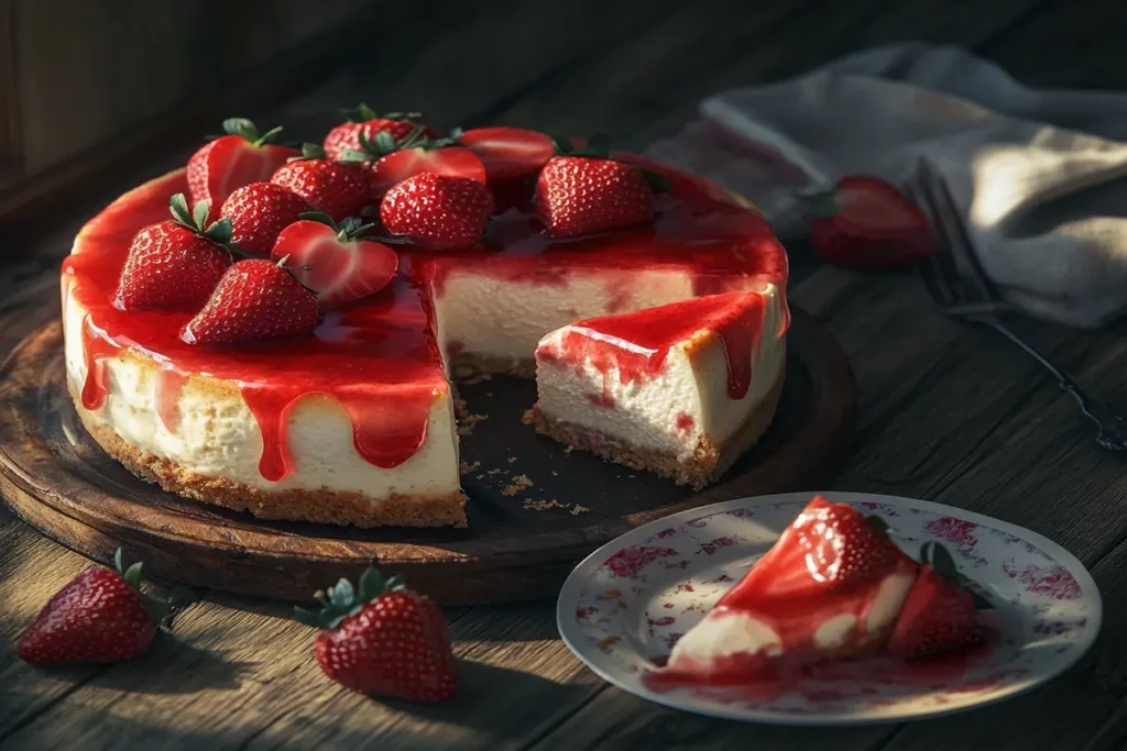 Cottage cheese cheesecake topped with strawberries