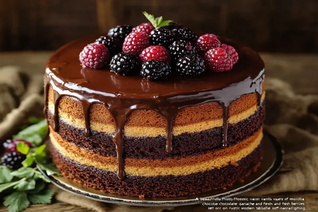 "A frosted classic vanilla chocolate cake with chocolate ganache and berries."