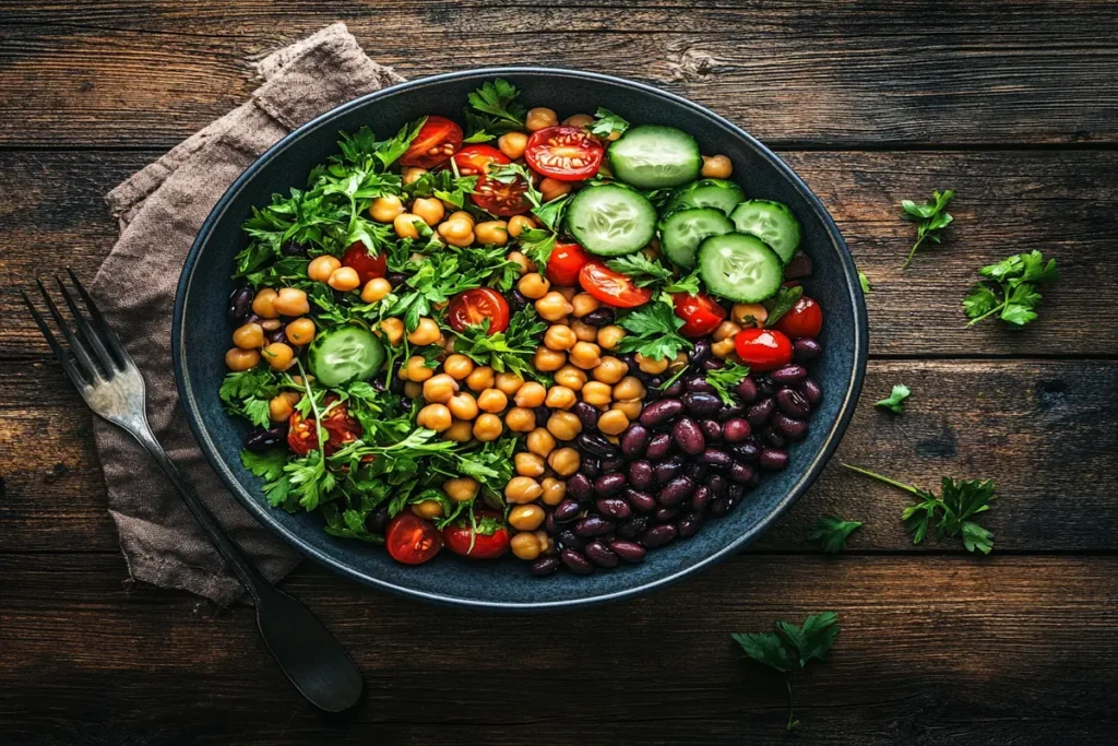 Dense bean salad with a mix of beans and vegetables