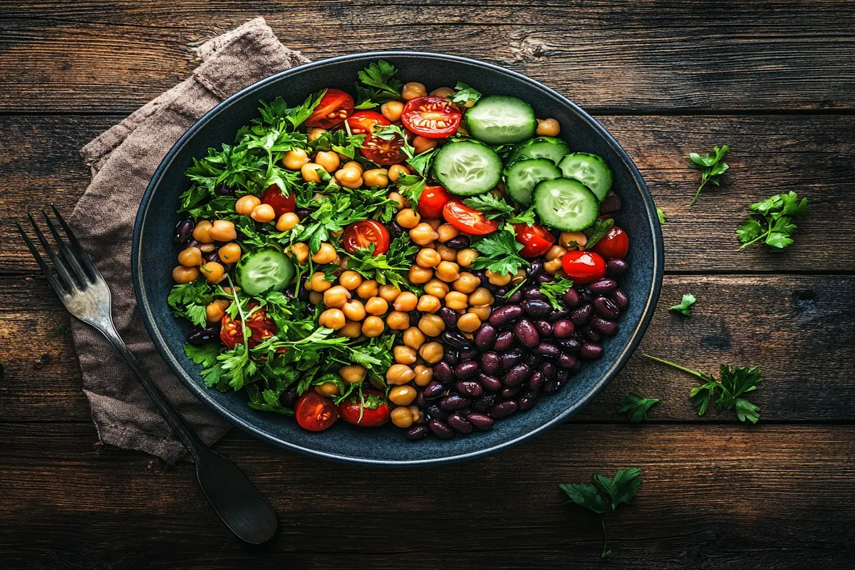 Dense bean salad with a mix of beans and vegetables