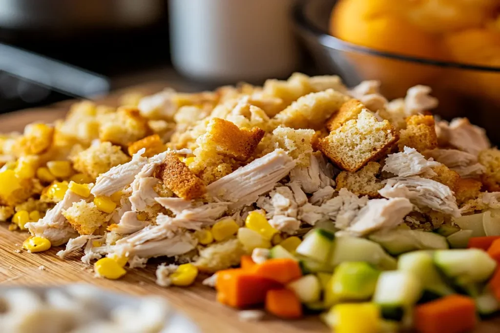 Preparation steps for chicken dressing casserole with ingredients on a cutting board