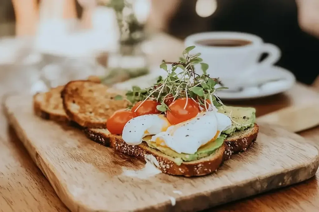 Avocado toast with poached eggs, tomatoes, and microgreens on a serving board