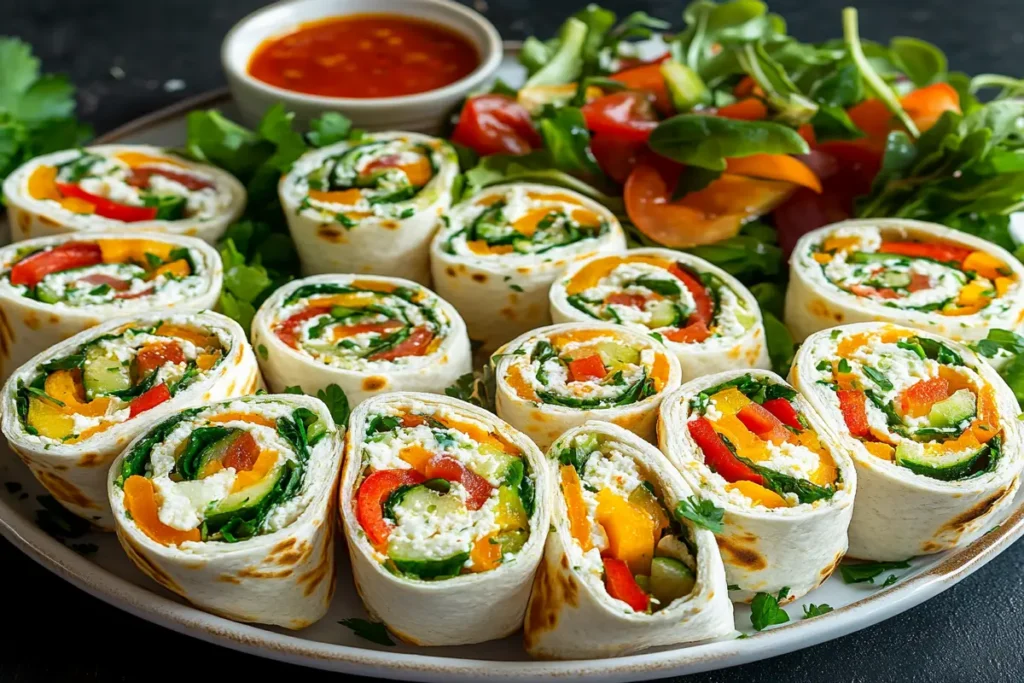 Sliced cottage cheese wraps with veggies and dipping sauce