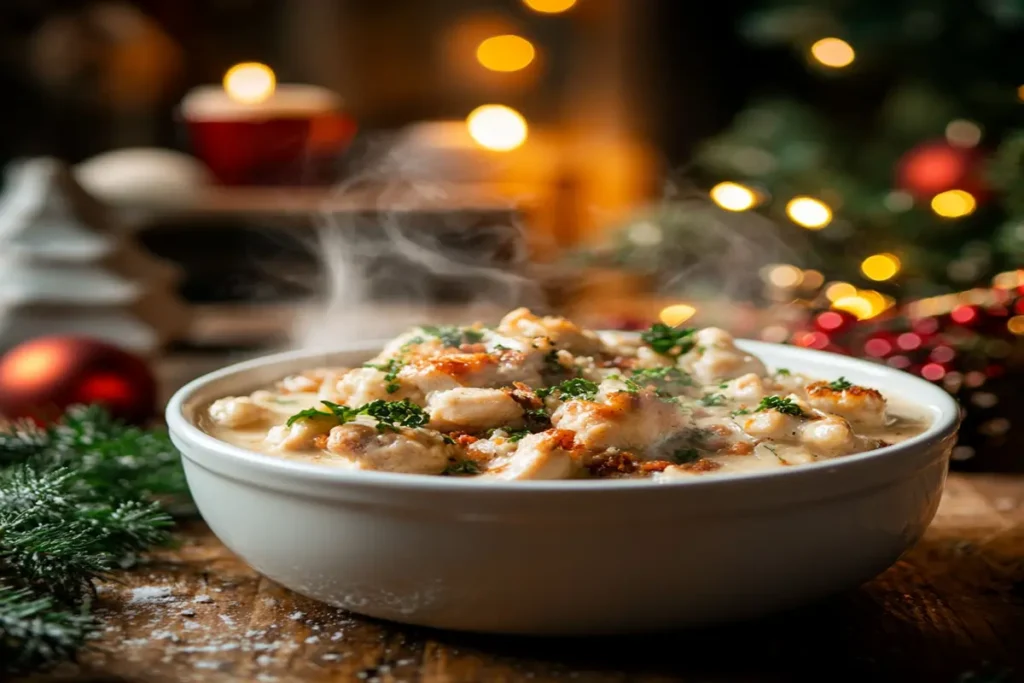 Crockpot chicken and dressing served warm with holiday decor.