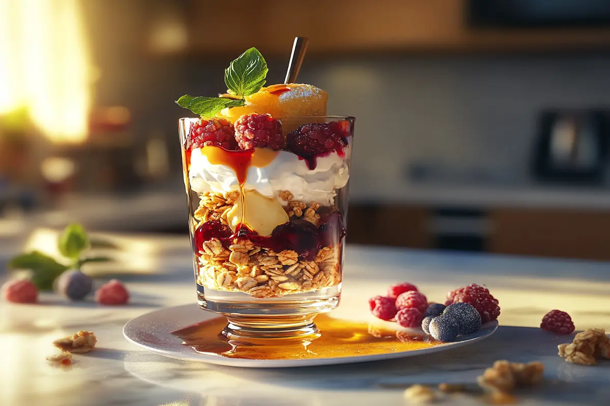 Berry cottage cheese parfait with granola and honey