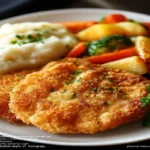 Golden baked chicken cutlet with roasted vegetables