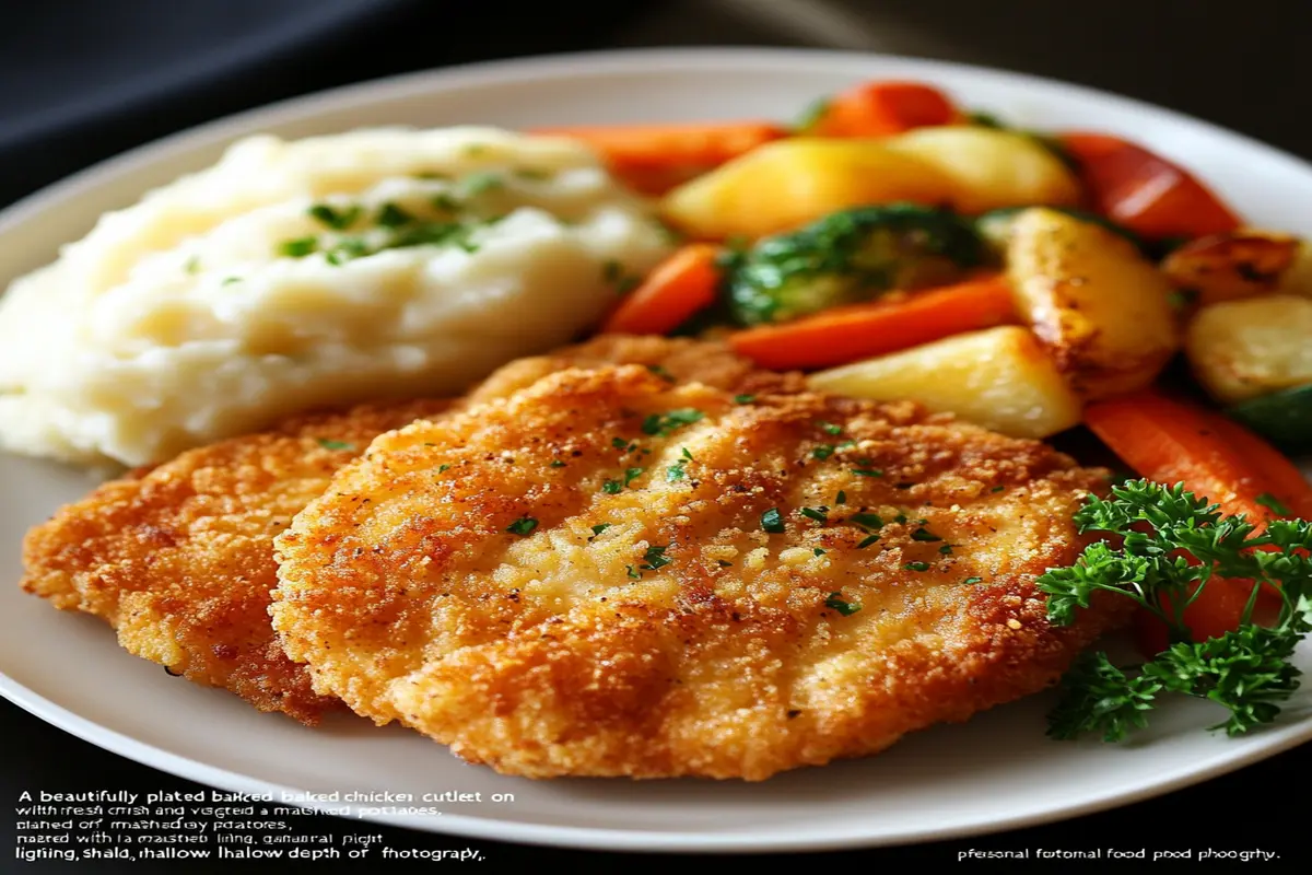 Golden baked chicken cutlet with roasted vegetables