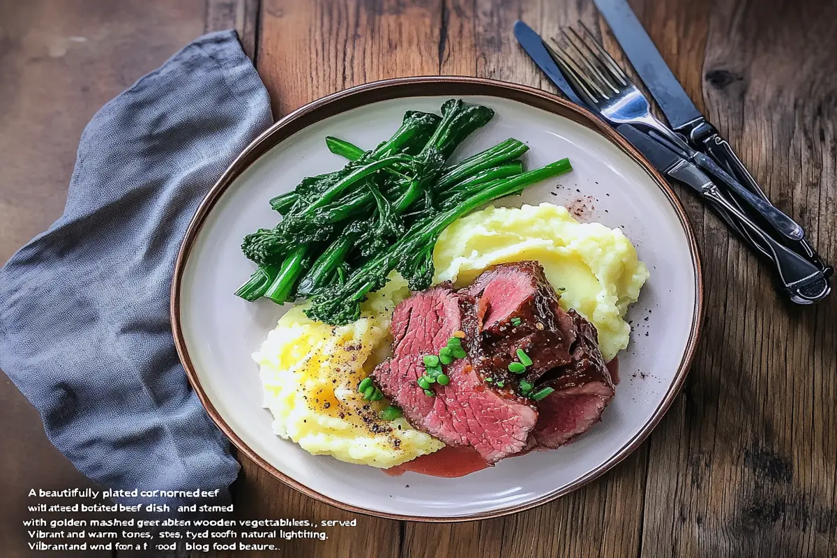 Corned beef with mashed potatoes and vegetables on a rustic table