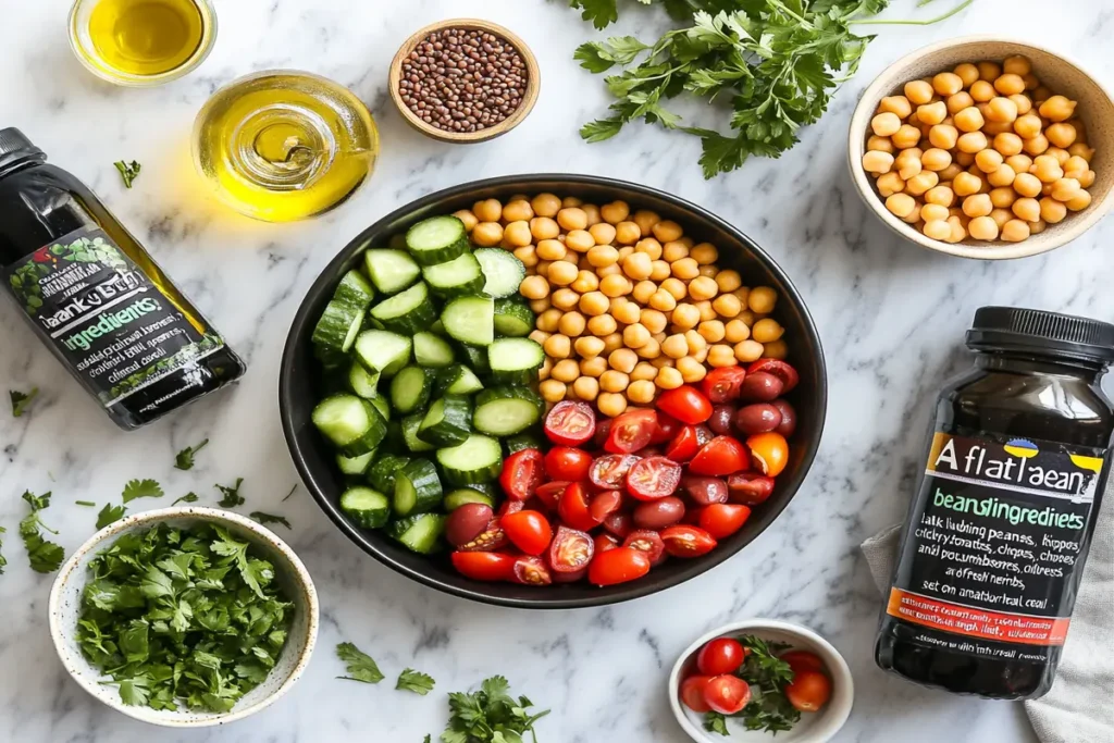 Ingredients for a dense bean salad on a marble countertop